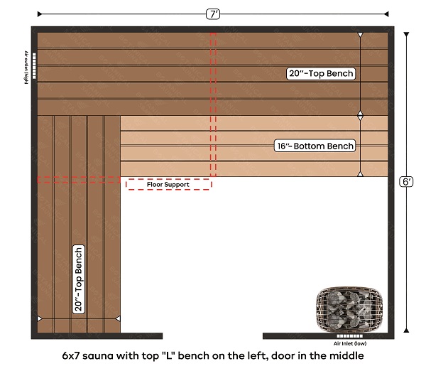 1-6x7 sauna with top L bench on the left, door in the middle