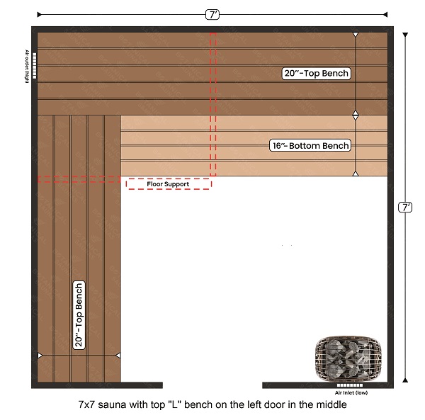 1-7x7 sauna with top L bench on the left door in the middle