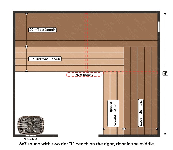 2-6x7 sauna with two tier L bench on the right, door in the middle