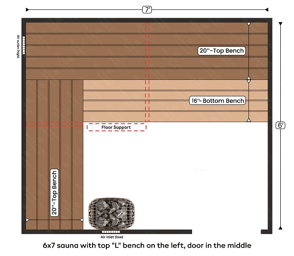 3-6x7 sauna with top L bench on the left, door in the middle