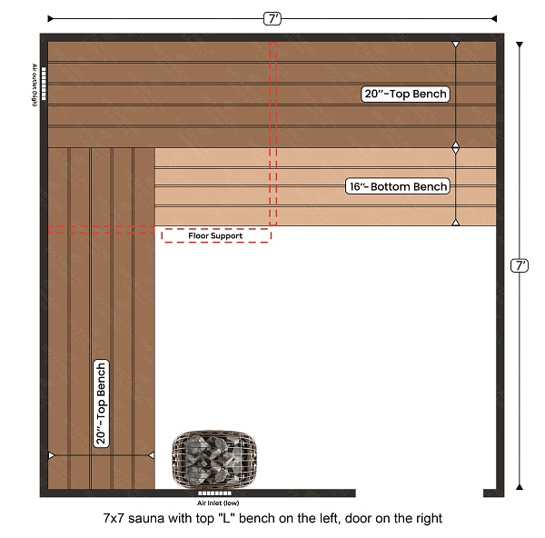 3-7x7 sauna with top L bench on the left, door on the right