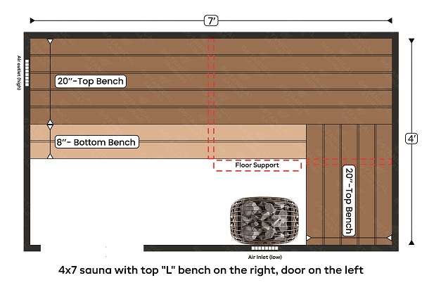 4-4x7 sauna with top L bench on the right, door on the left