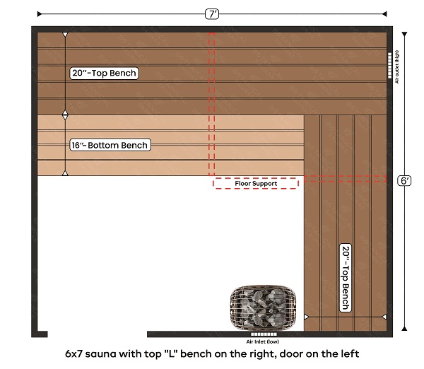 4-6x7 sauna with top L bench on the right, door on the left
