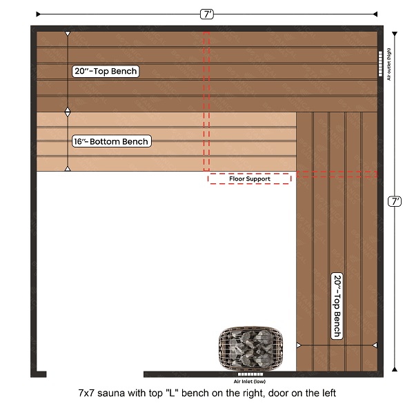 4-7x7 sauna with top L bench on the right, door on the left