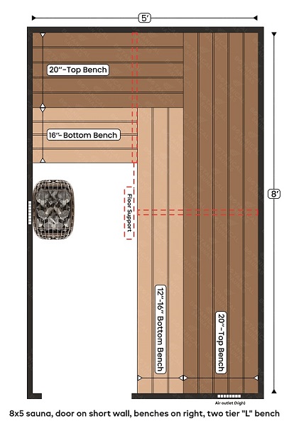 5-8x5 sauna, door on short wall, benches on right, two tier L bench
