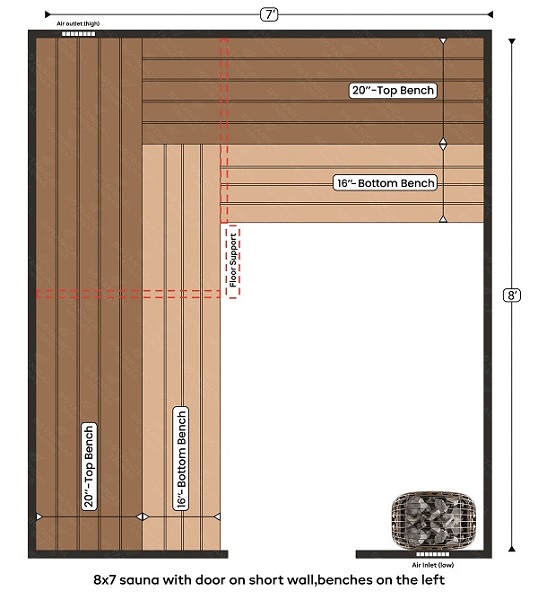 5-8x7 sauna with door on short wall,benches on the left