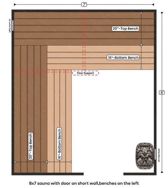 5-8x7 sauna with door on short wall,benches on the left