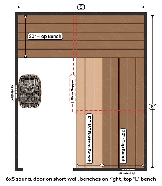 6-5x6 sauna with top L bench on the right, door on the left