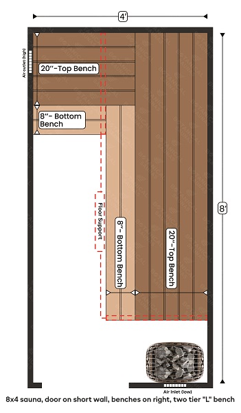 5-8x4 sauna, door on short wall, benches on left, two tier L bench