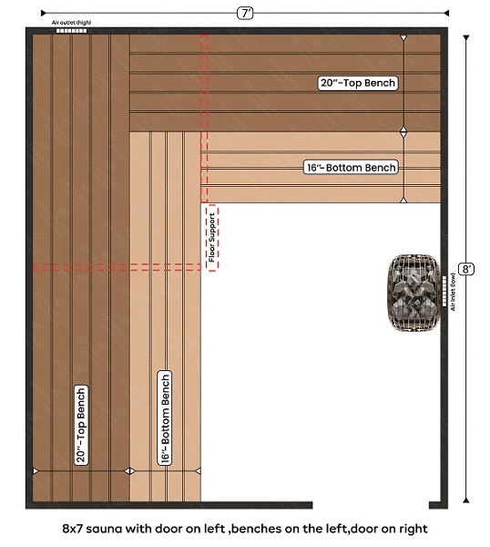 8-8x7 sauna with door on left ,benches on the left,door on right
