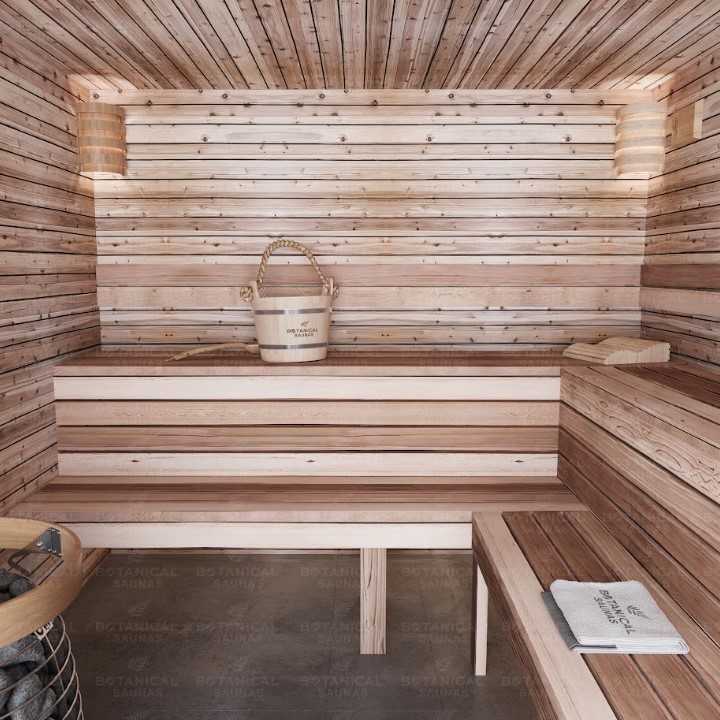 Knotty Cedar Walls / Clear Cedar Benches