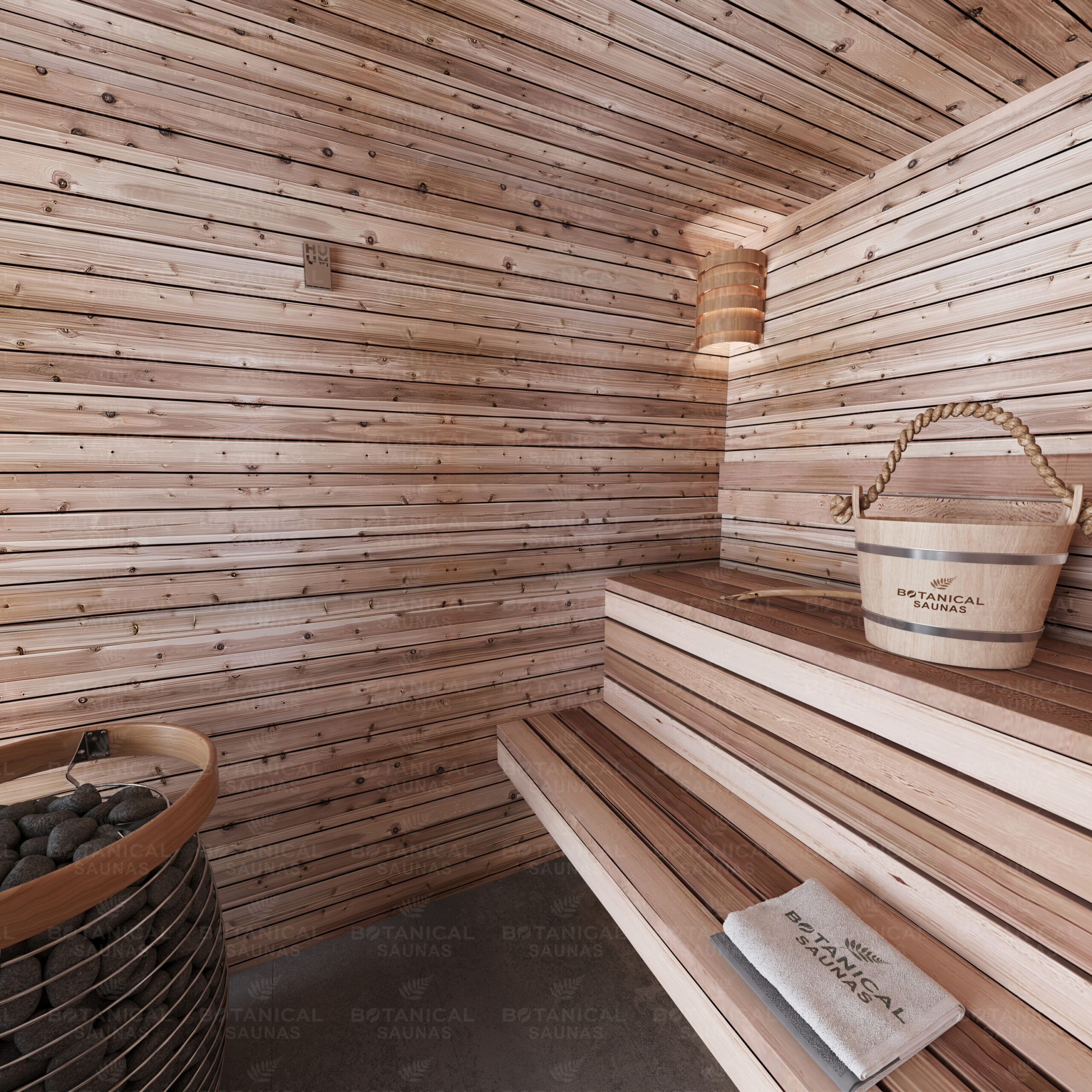 Knotty Cedar Walls / Clear Cedar Benches